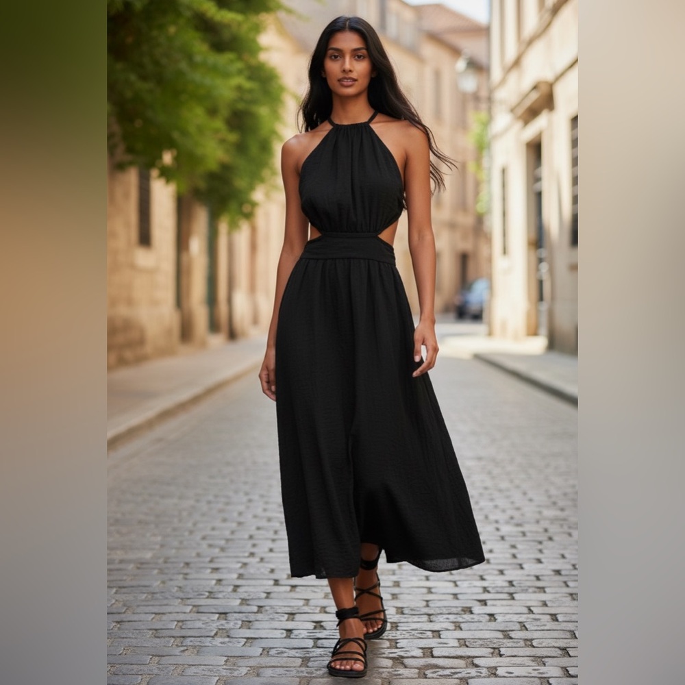 NWT Alice+Olivia Faith Linen Blend Midi Halter Dress in Black Size 8